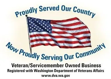 An American flag with text promoting a veteran-owned business registered with Washington Department of Veterans Affairs.