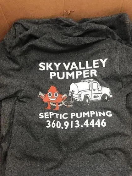 Gray t-shirt with Sky Valley Pumper logo, a cartoon mascot, septic truck, and phone number 360.913.4446.