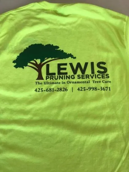 A neon yellow shirt with "Lewis Pruning Services" logo, tree graphic, slogan, and two phone numbers printed on the back.
