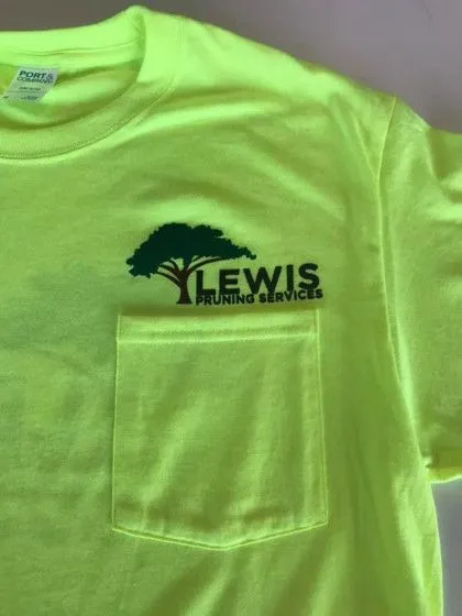 A neon yellow T-shirt with a pocket and a "Lewis Pruning Services" logo featuring a tree graphic on the chest.